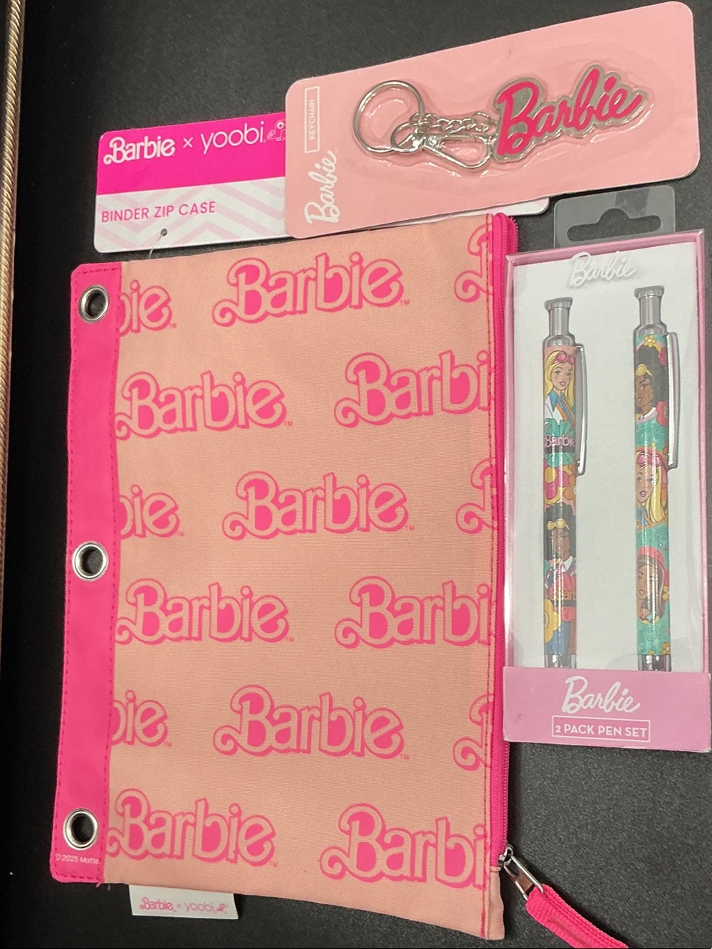 Barbie Pink Binder Zip Case + 2-Pack Pen Set & Keychain NIP